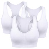Drie witte naadloze sportbeha's met racerback, met subtiele textuur.