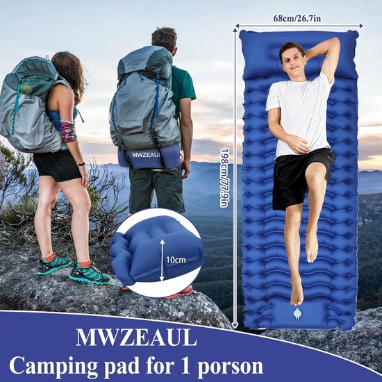Zelfopblazend campingmatras - Luchtbed Reizen - Comfortabel Kamperen - Geïntegreerde Voetpomp - 200 x 70 cm - Blauw — afbeelding 3