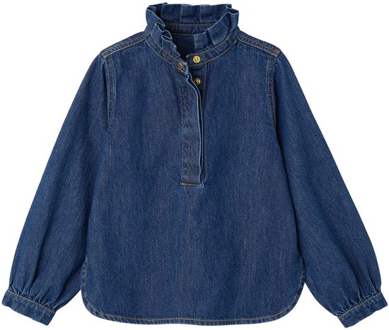 Spijkerblouse voor meisjes met rucheskraag, knoopsluiting en pofmouwen.