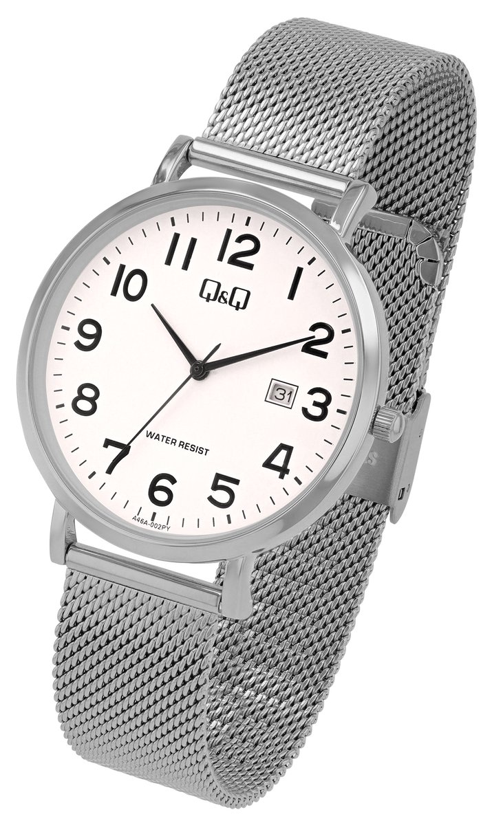 QQ-heren horloge-model a46a-001py-datum-Milanese band-verstelbare band-duidelijke wijzerplaat-3 atm waterdicht-diameter 40 mm