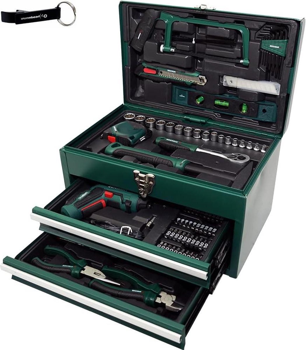 Gereedschapsset met Accuschroevendraaier - Handgereedschap Set - Klussen in Huis - 92 Delig Uitgebreid - Metalen Koffer 35.5 cm - Grijs