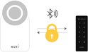 Illustratie van Nuki Smart Lock, een geel slot, en een Nuki Keypad met cijfertoetsen 1-9.