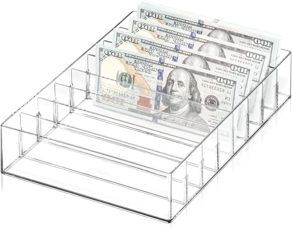 Cash Organizer - Geld Lade - Budgetteren - 8 Secties - 26 x 18 x 5.5 cm - Transparant