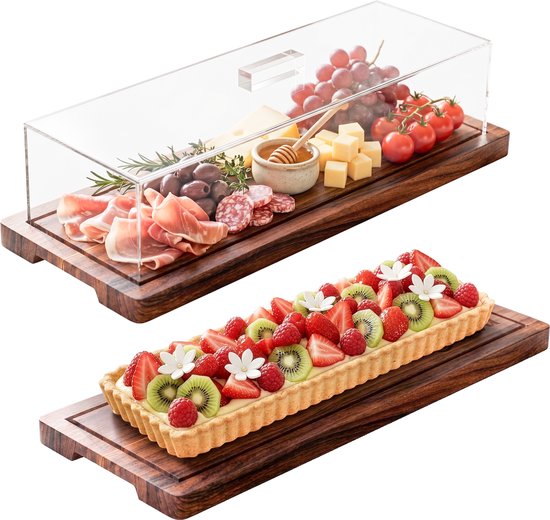Borrelplank Tapasplank Taartplateau Serveerplank in 1 - Kaasplank Taartstolp Kaasstolp Hout Taartschaal Hapjesplank met Deksel en Stolp - Taart