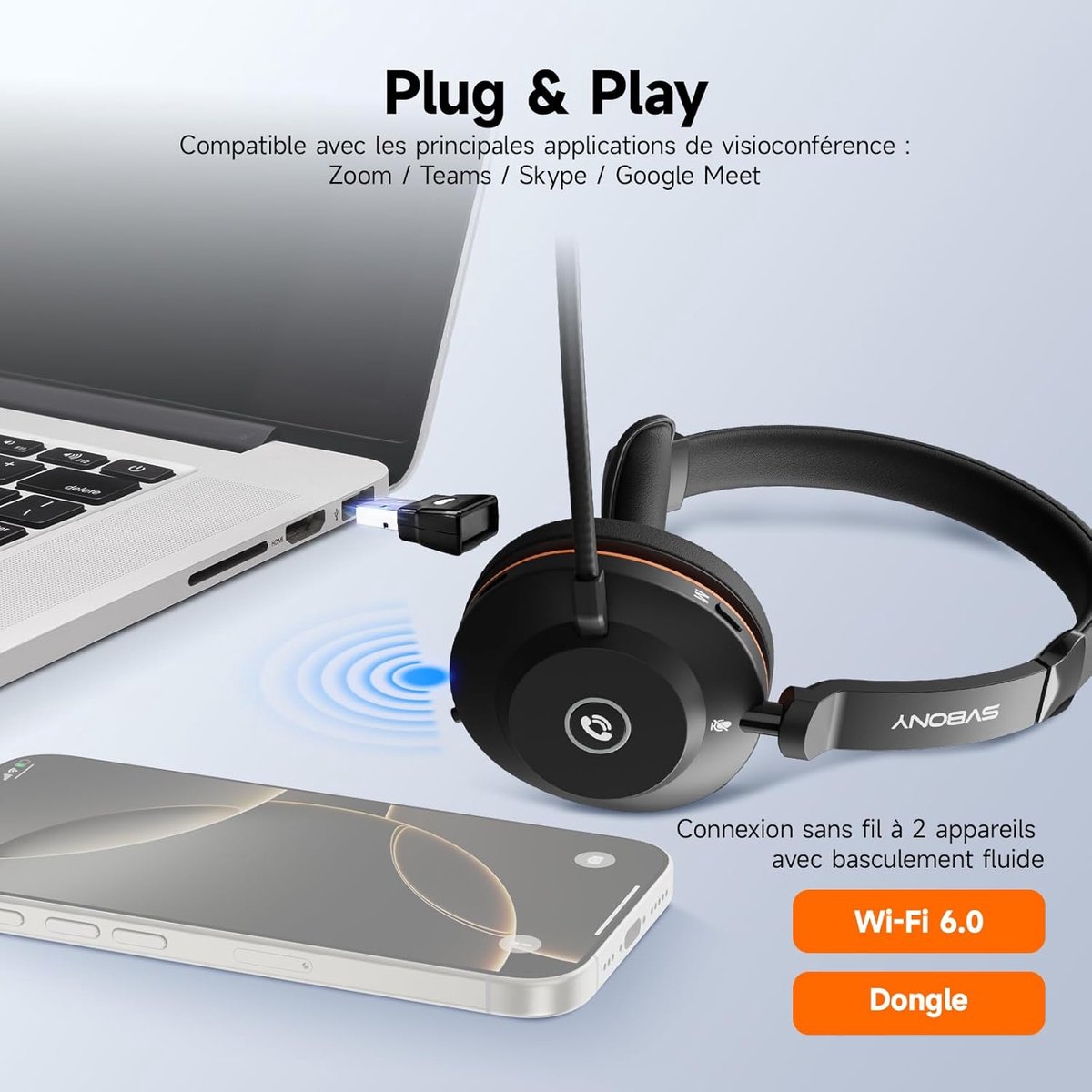 Draadloze Headset - Kantoor Headset Vergader Headset - Thuiswerken en Bellen - ENC Ruisonderdrukking - 48 Uur Batterij - Zilvergrijs thumbnail 6