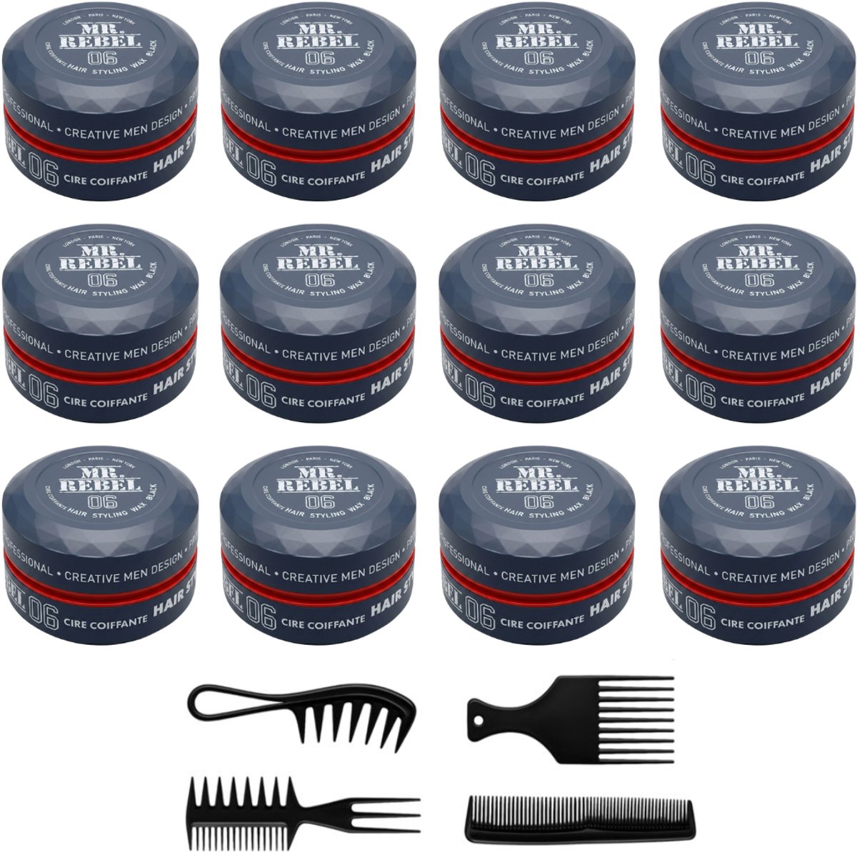 MR. REBEL 06 Hair Styling Wax – Sterke Hold – Mat Finish –12 stuks + 1 styling kam – 1800 ml
