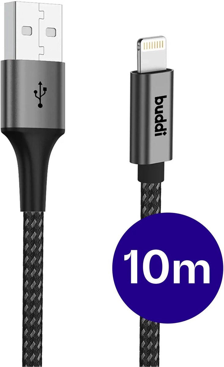 Buddi Flex | USB-A naar Lightning Kabel 12W Fast Charge | 480Mbps Dataoverdracht | Lange Kabel | Gevlochten Nylon | 10M | 10 Meter | Zwart