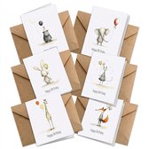 Set van 6 verjaardagskaarten met dierenillustraties: nijlpaard, olifant, konijn, kat, giraf en vos, elk met een ballon.