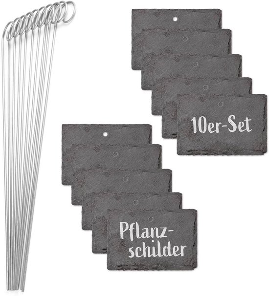 Hoberg Leisteen Plant Labels - Set van 10 - Weerbestendig, Herbruikbaar - Individuele etikettering van planten, kruiden & bloemen - Met stalen grondpinnen - Afmetingen 10 x 7 x 0,5 cm - Rechthoekig