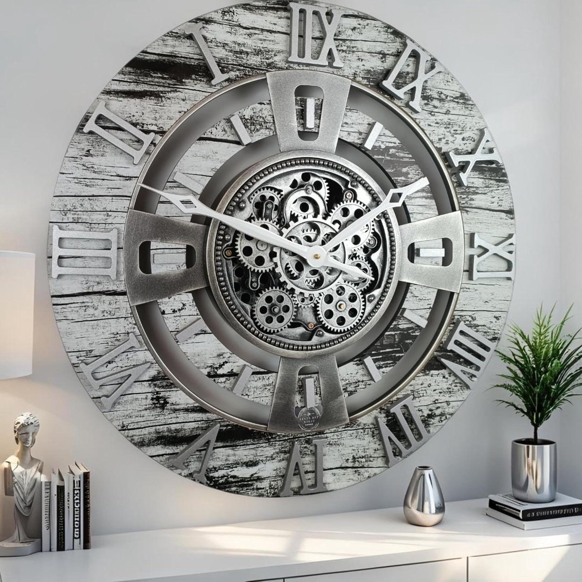 Wandklok Bewegende Tandwielen - Industriële Klok Vintage - Decoratie Woonkamer - Echte Bewegende Versnellingen - 60 cm - Grijs Wit