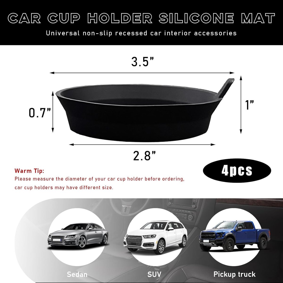 Auto Onderzetters - Bekerhouders Matten - Auto Interieur - Antislip Siliconen - 7.5 cm - Zwart