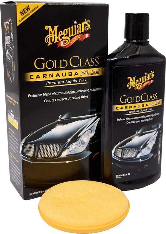 Doos en fles Meguiar's Gold Class Carnauba Plus Premium Liquid Wax met afbeelding van een glimmende zwarte auto en een gele applicator.