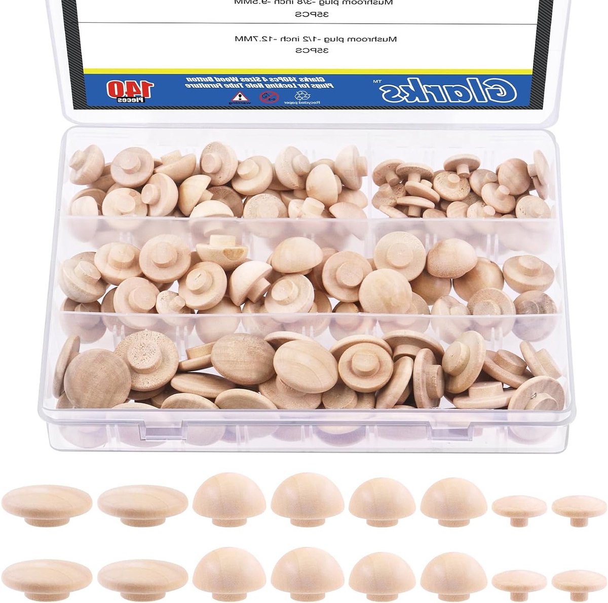 140-delige set houten knopdowels in 4 maten, ideaal voor meubelverbindingen en houtbewerking