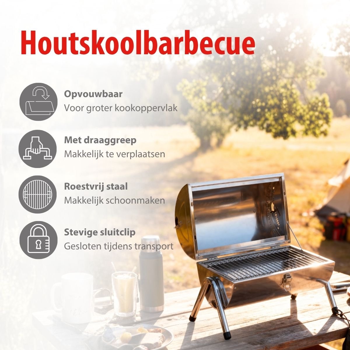 alpina Houtskool BBQ - Draagbare BBQ met Handgreep - Barbecue Camping met Ventilatie En Sluitclip - Houtskoolbarbecue Compact 38 x 30 x 19 cm - RVS – foto 7