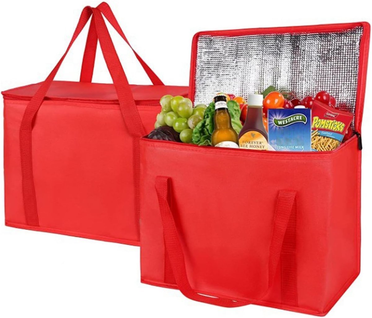 Pack of 2 Vouwbare Koeltas - Winkeltas Klein 5L 7L met Koelcompartiment - Thermische Tas voor Kantoor, Werk, Buiten, Reizen, Ideaal als Isolatietas, Winkelmand, Picknicktas (Rood)