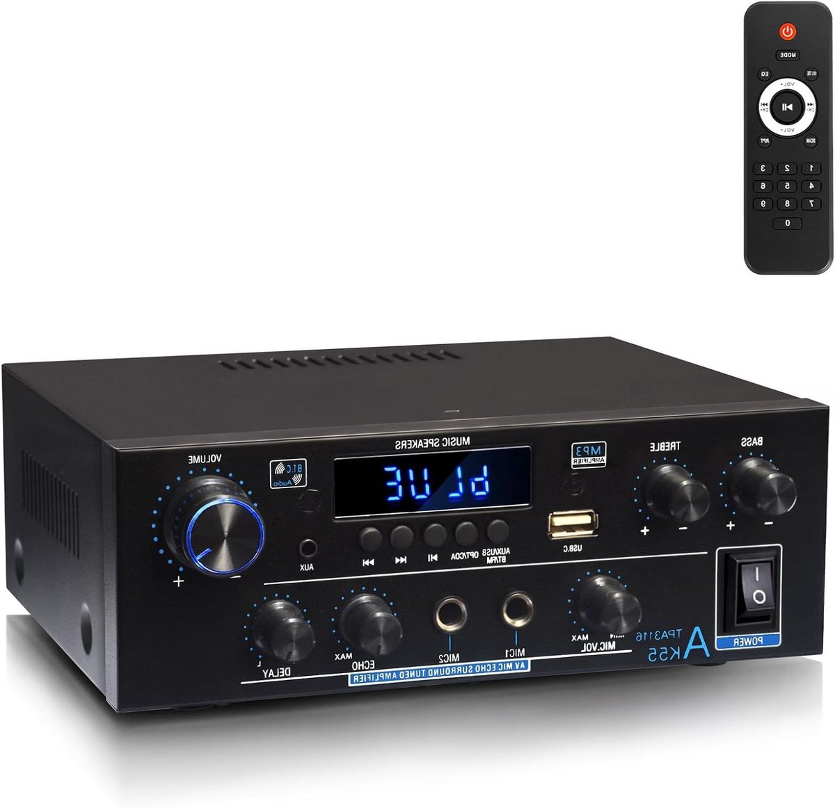 Hifi Versterker - Stereo Ontvanger - Muziek Streamen - Bluetooth en Optische Ingang - 2x 70W RMS - Zwart