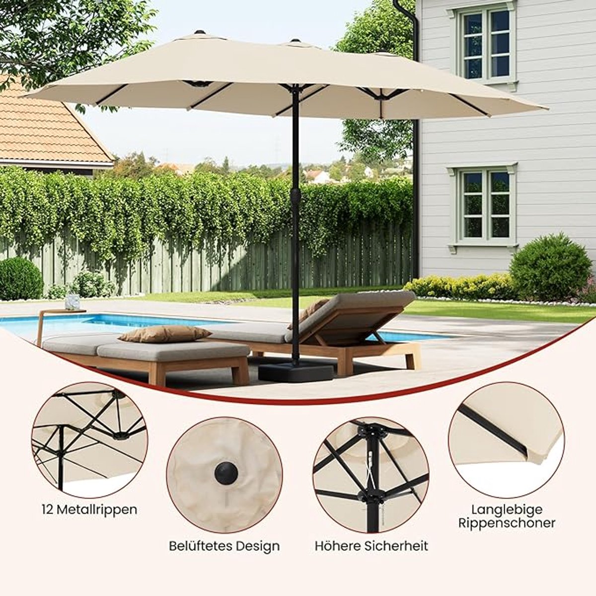 Dubbele Parasol 450 x 267 cm XXL – UV UPF 50+ Zonbescherming – Zwengelbediening – Extra Grote Tuinparasol – Stalen Frame – Terras, Horeca & Tuin – Nicolehome