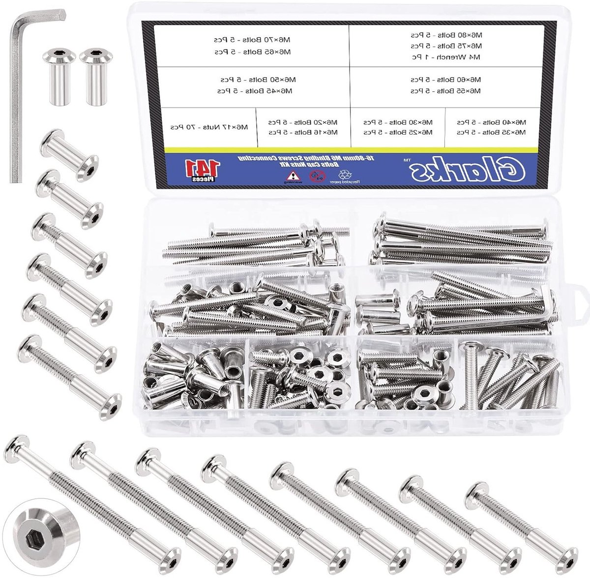 141-delige M6 Hex Drive Socket Head Cap Bolts Set met 14 maten en M4 Inbussleutel voor Meubelreparatie, Babybed en Klusprojecten
