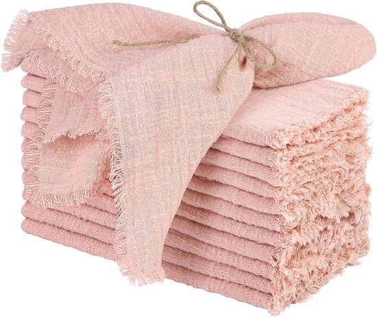 Lot de 12 serviettes en lin – Rose poudré – Serviettes en tissu pour Pâques et le printemps – Coton lavable – Avec franges – 42 x 42 cm – Pour la décoration de table lors de mariages, de fêtes prénuptiales, de baby showers et d'anniversaires