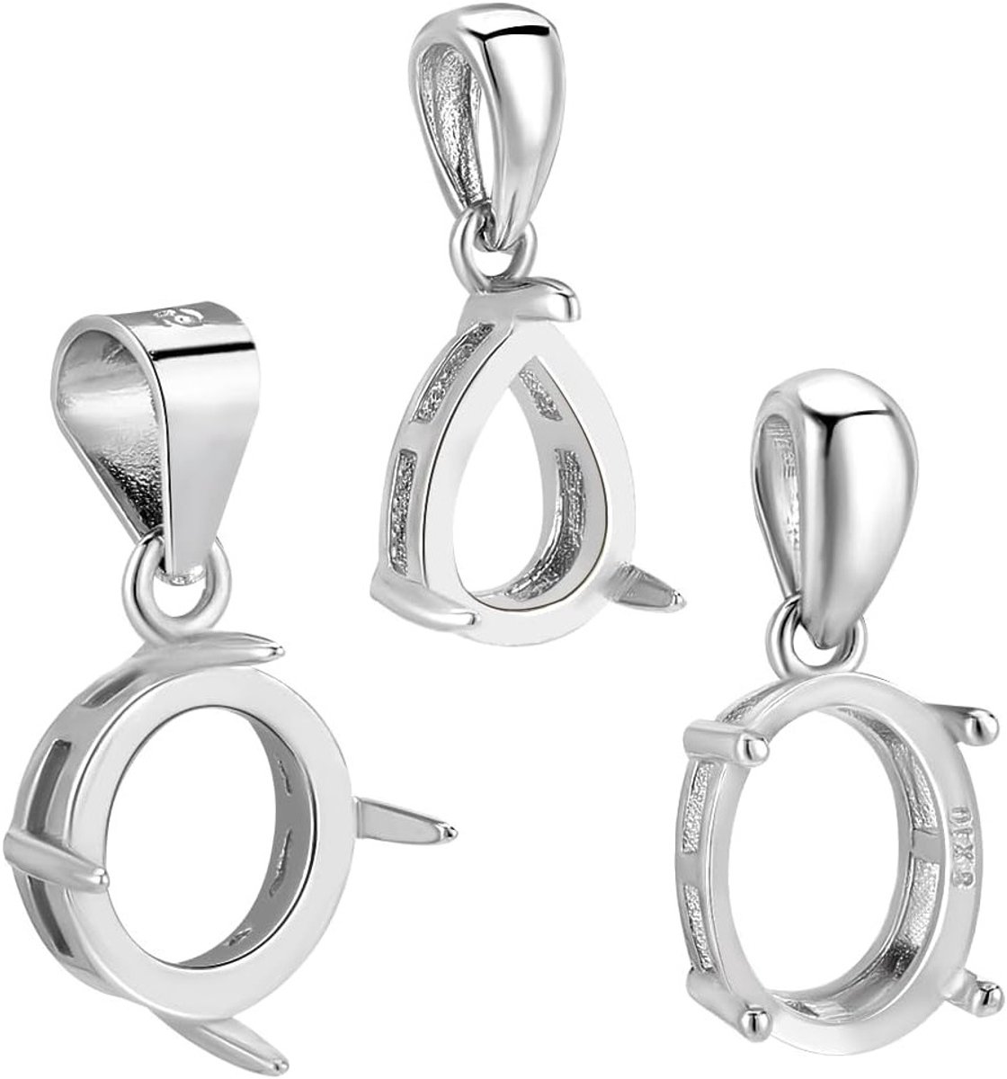 3 Stuks 925 Sterling Zilveren Hangertjes - Lege Pendant Bases in Rond, Ovaal en Druppelvorm - Perfect voor Het Maken van Kettingen en Sieraden met Edelstenen