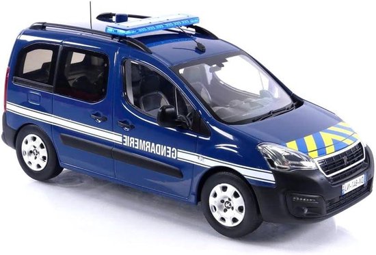 Donkerblauwe Peugeot Partner Gendarmerie met witte strepen en blauwe zwaailichten.
