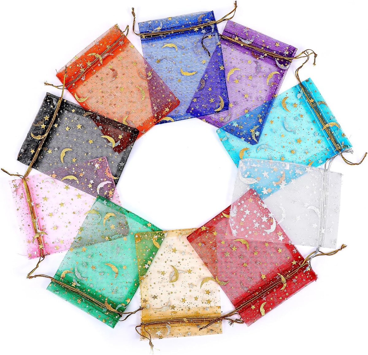 100 stuks organza zakjes met maanster, 9 x 10 cm, ideaal voor bruiloften, feestjes en cadeaus, perfect voor Kerstmis en Eid Mubarak