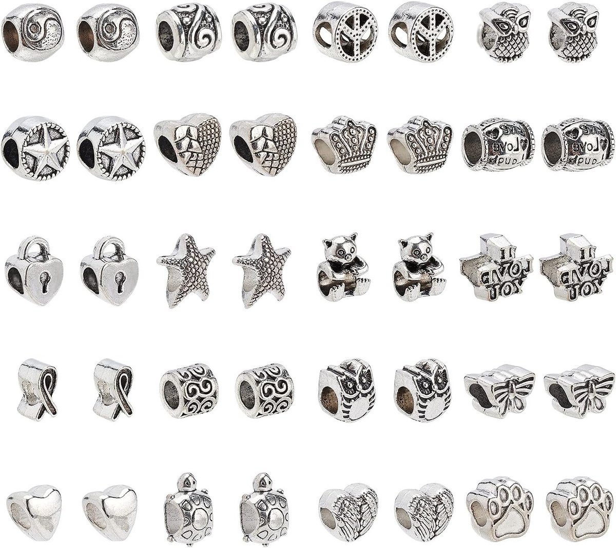 200 Stuks Europese Kralen, Tibetaanse Stijl Metaal Kralen met Grote Gat, Legering Spacer Kralen en Antieke Zilveren Charms voor Sieraden Maken en Creatieve Projecten