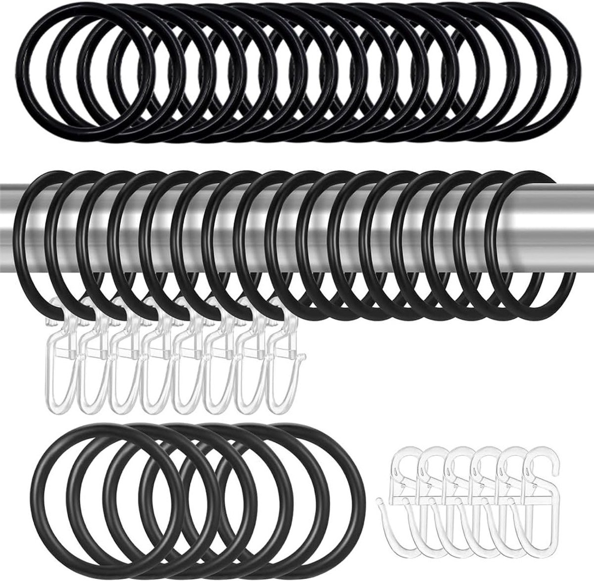 50 stuks gordijnhaken en ringen set - Plastic haken en ringen voor ramen, deuren en douchegordijnen - Inclusief clips en 30mm binnendiameter in zwart, ideaal voor interieurdecoratie en raamaccessoires