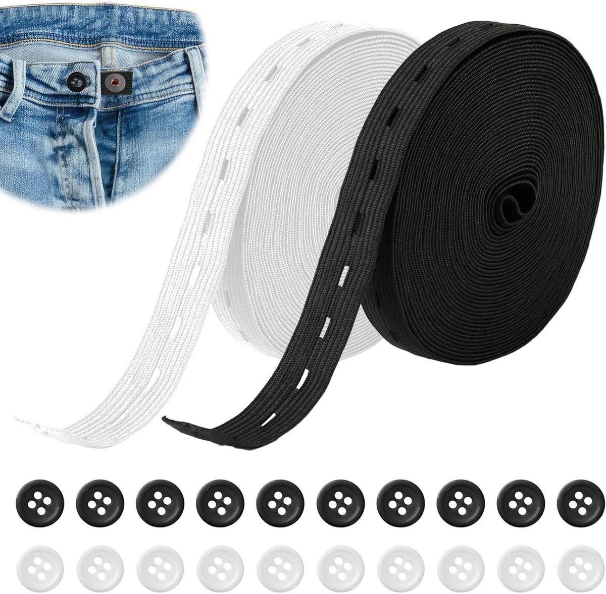 Hoogwaardige elastische band met 20 resin knopen, 14 m in wit en zwart, ideaal voor het personaliseren van kleding en accessoires, breedte 15 mm