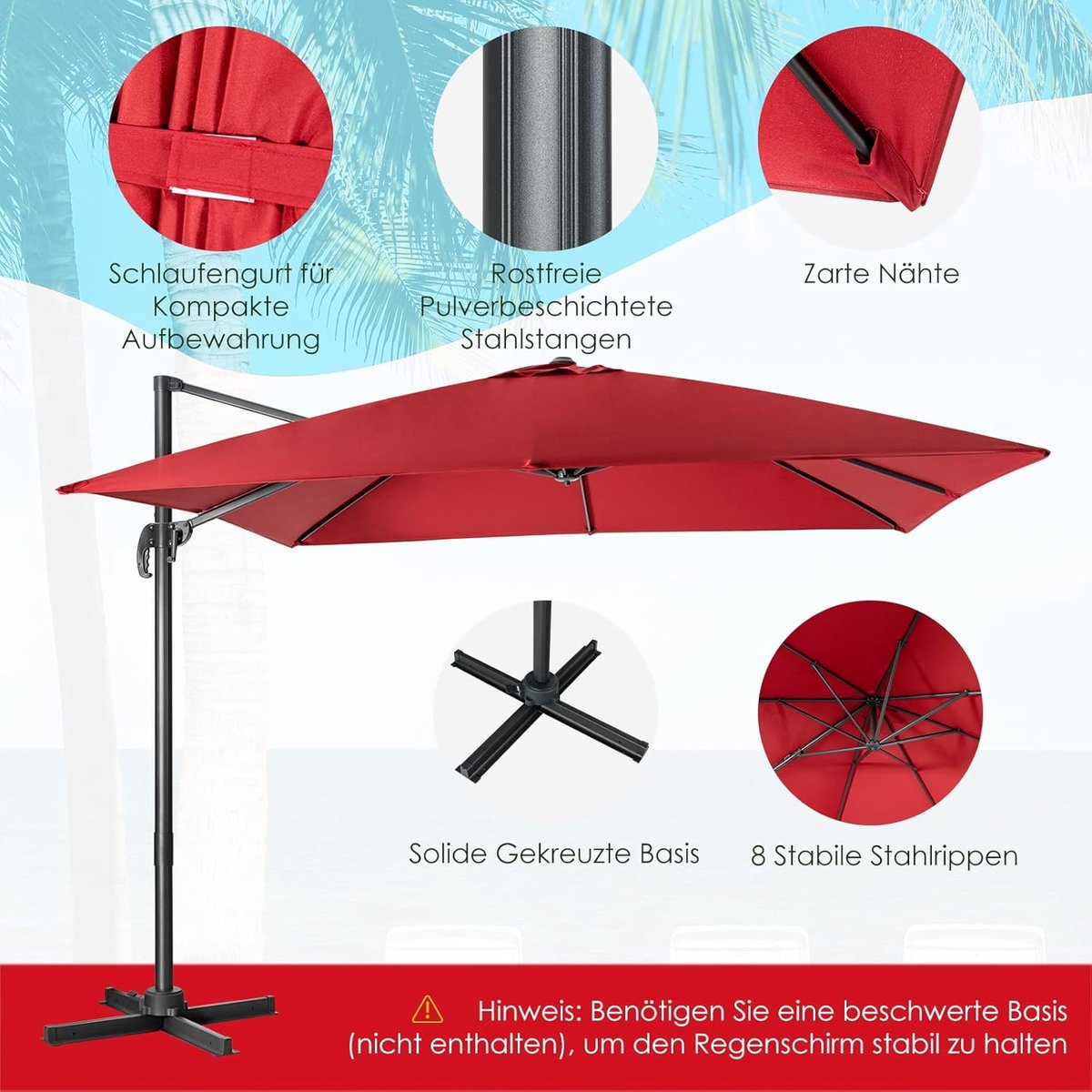 Zweefparasol 300x300 cm Vierkant – 360° Draaibaar & Kantelbaar met Zwenkarm en Zwengel – UV50+ Waterdicht – Grote Luxe Tuinparasol voor Terras, Balkon & Horeca – Wijnrood – Nicolehome