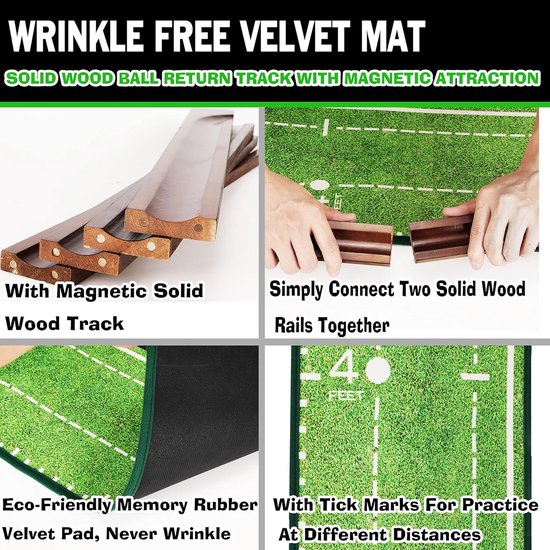 Golfmat - Putting oefenen - Indoor golf - Massief houten basis - 40 x 16 cm - Groen — afbeelding 3
