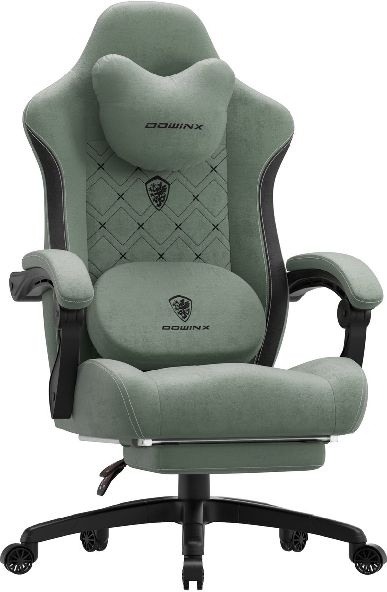 Dowinx Ergonomische Bureaustoel/Gamingstoel – Met Verwarming En Massagefunctie – Met Lendensteun – Breed Zitkussen – Met Armleuningen En Voetsteun – Stof – Groen, zwart