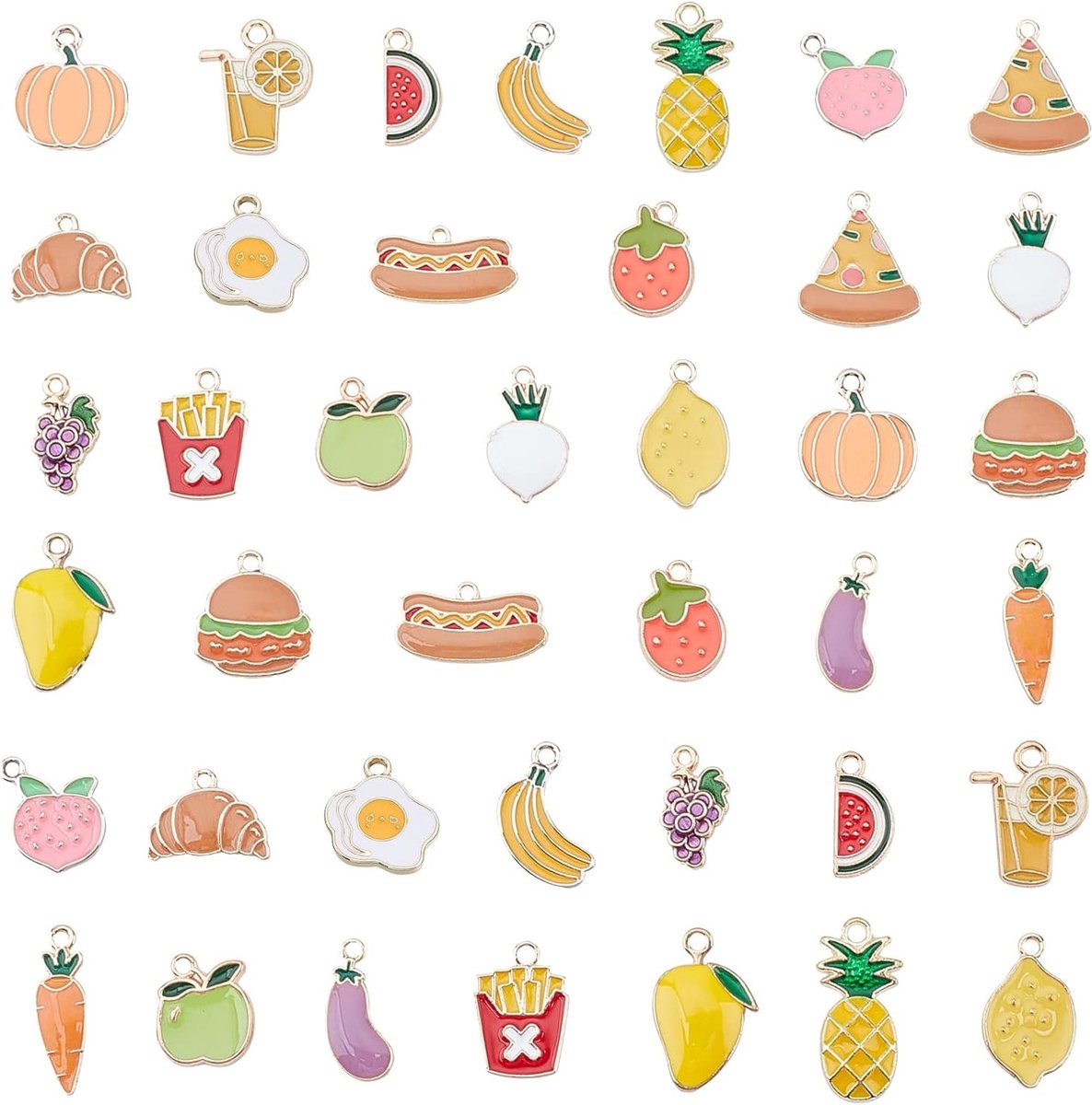 40 Stuks Fruit en Groente Hangers in Lichtgoud - Aardbei, Perzik, Mango en Pizza Dangle Charms voor DIY Sieraden, Kettingen en Armbanden