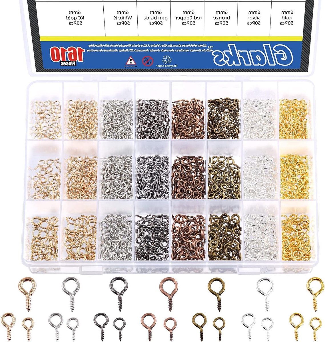 1610 Stuks Kleurige Schroefogen Haakjes voor Sieraden, Oorbellen en Armbanden DIY, Mini Metaal Ringen in 3 Maten van 4 x 8mm