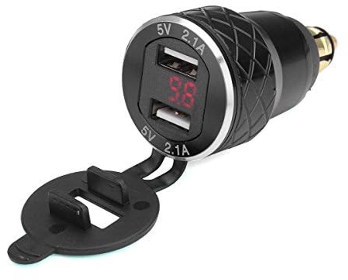 ONF3 - 12V-24V Dual USB Charger - Voltmeter - Waterdicht - Zwart - Geschikt voor smartphones en GPS - Ideaal voor motoren