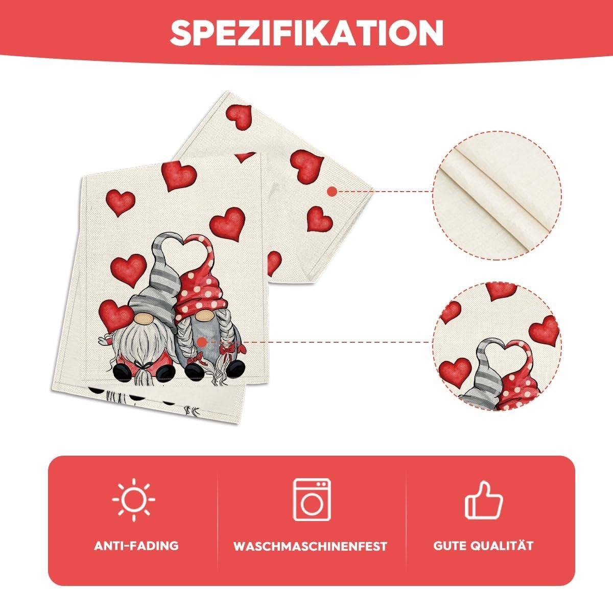 VT Goods - Tafelkleed - Gnom Valentijnsdecoratie - Rood - Keuken Tafel Runner - Sfeervolle Binnenhuisdecoratie - Geschikt voor Feestdagen - 40 x 140 c