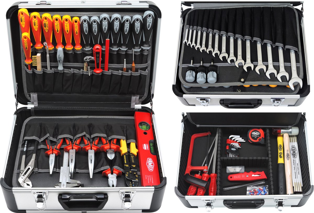 FAMEX 419-91 gereedschapsset, 150-delig, PROFESSIONELE gereedschapskoffer, monteurs set, handgereedschap set, dopsleutelset, ratelset, bitset, sleutelset, toolset professional, garage gereedschap, werkplaats set, onderhoud set, chrom vanadium staal