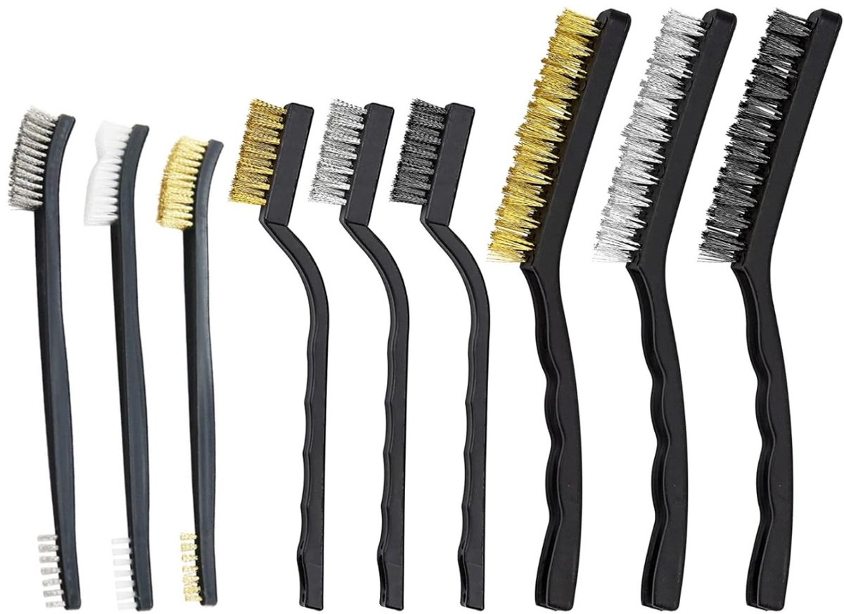 Set van 9 metalen borstelset voor het verwijderen van roest, lassen en vuil, inclusief staal, nylon en messing borstels