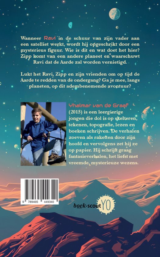 Jongen met blauwe hoodie en spijkerbroek klimt op een speeltoestel, met een boekomschrijving van Yhalmar van de Graaf.