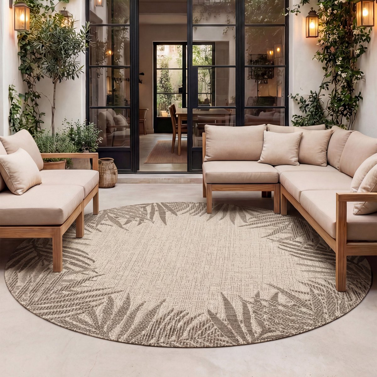 Fraai Rond buiten vloerkleed - Tiga Edge Taupe - Ø 120cm