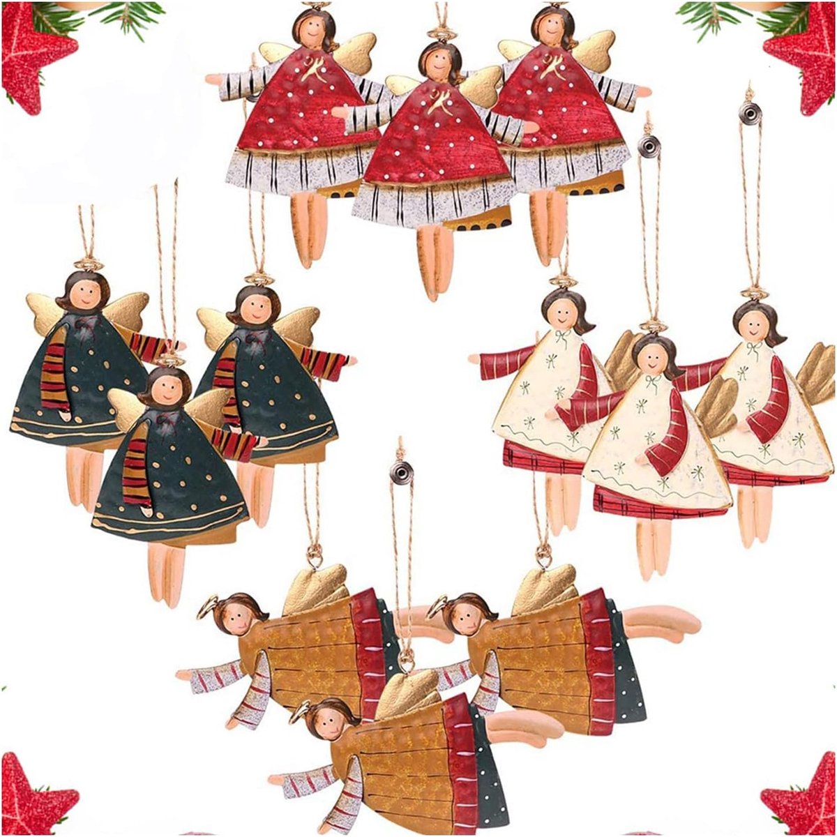 12pcs Kerst Engel Hanger - Metaal Pendant - Kerstversiering - Innovatieve Eland Vorm - Sokken - Sneeuwvlokken - Voor Kerstboom - Raamdecoratie - 10 x 10cm