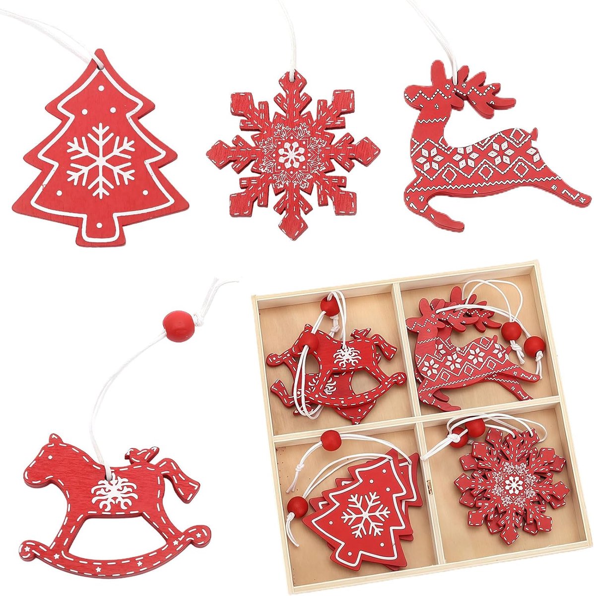 Kerstboomdecoratieset - houten ornamenten - hangers met touwtjes - sneeuwvlok - rendier - pony