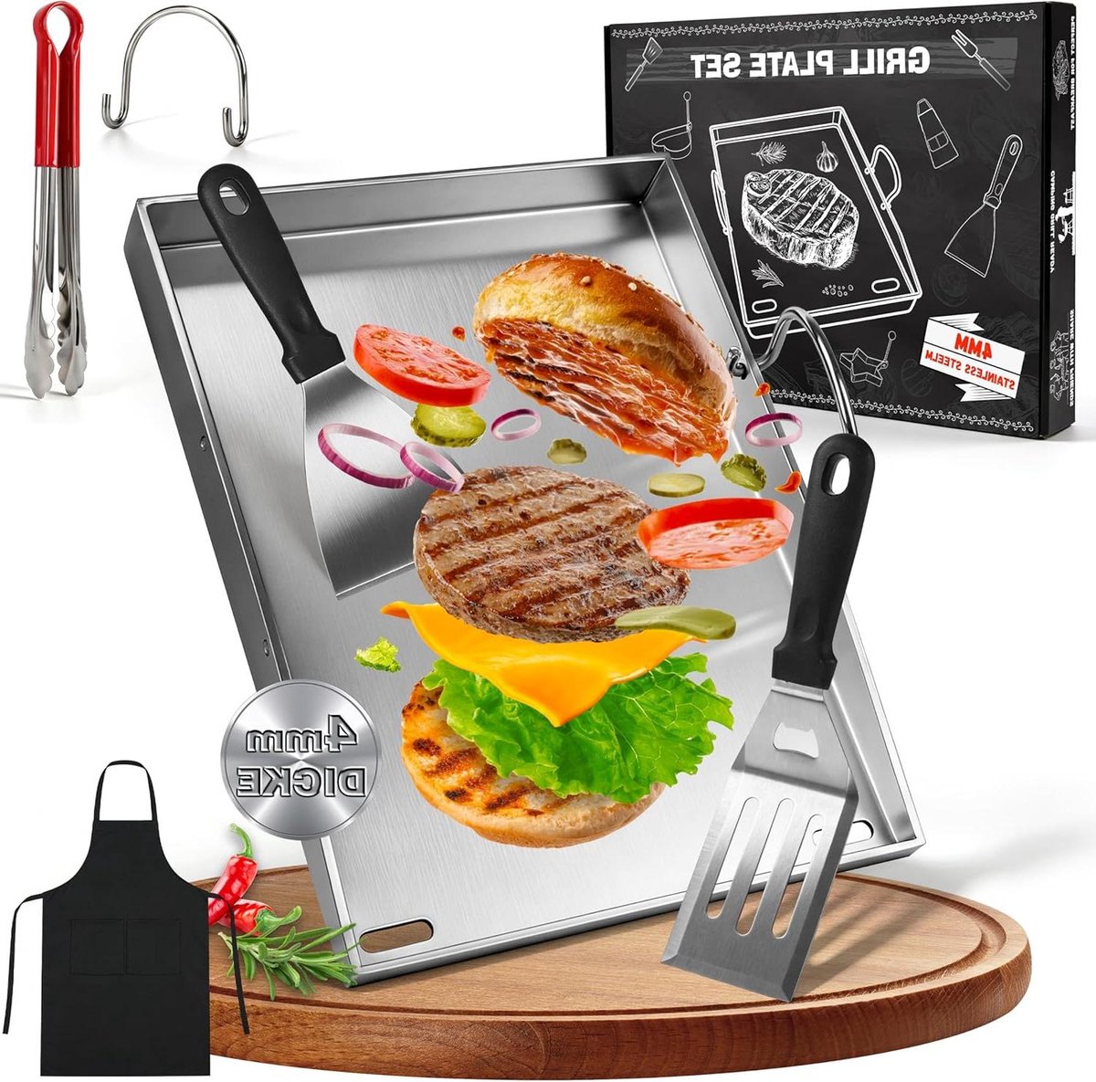 Grillplaat RVS - Bakplaat BBQ - Buiten Koken - 4mm Dik Roestvrij Staal - 40 x 30 cm - Zilver