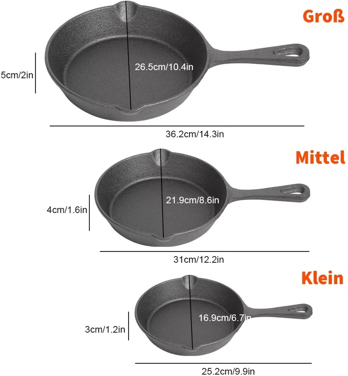 NordHaus Gietijzeren Koekenpan Set - 3-delige Bakpannen - Inductie en Gas Geschikt - Zonder Coating - 16/20/26 cm