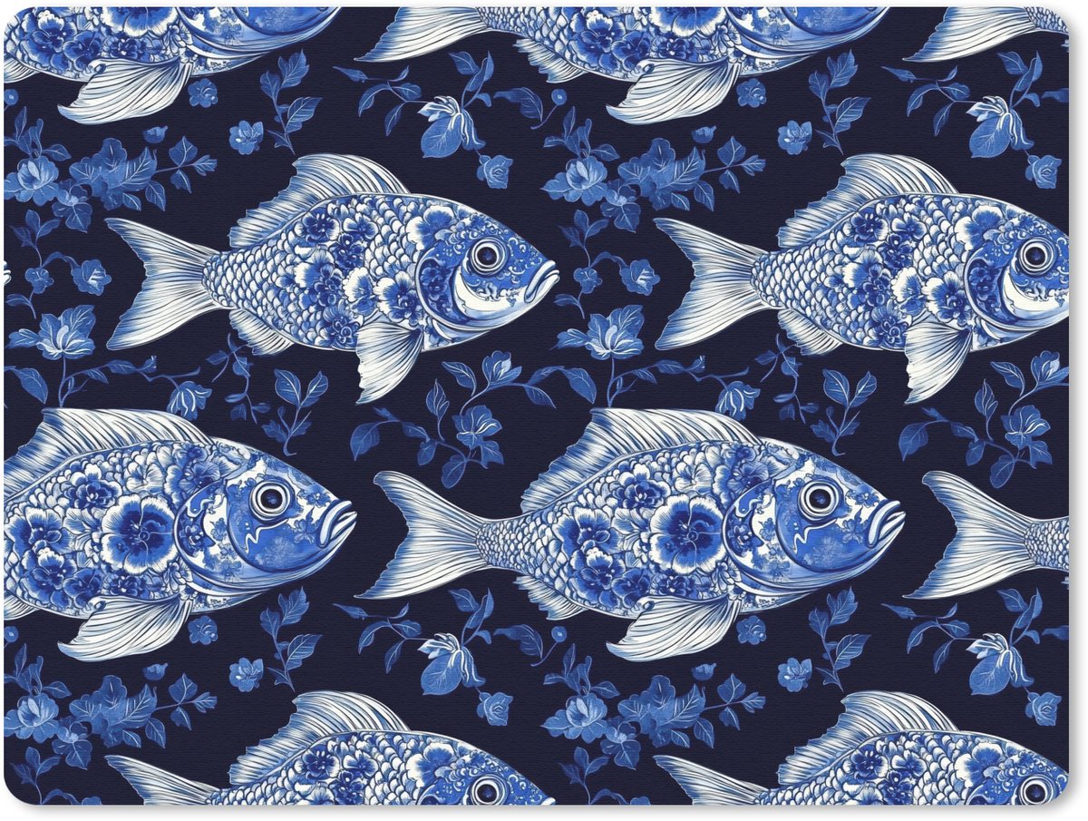 Muismat 12x10 cm - Mousepad Vissen - Bloemen - Blauw - Muismatten