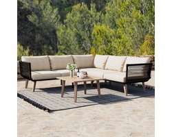 FloraGrace Loungeset – Sofa Met Salontafel – Weerbestendig Touwdesign Voor Tuin En Balkon – Olefin En Staal – Beige Zwart
