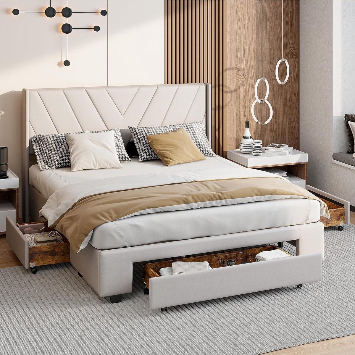 Tweepersoonsbed Gestoffeerd - Opbergbed Linnen - Slaapkamer Organiseren - Met 3 Laden - 160x200 cm - Beige