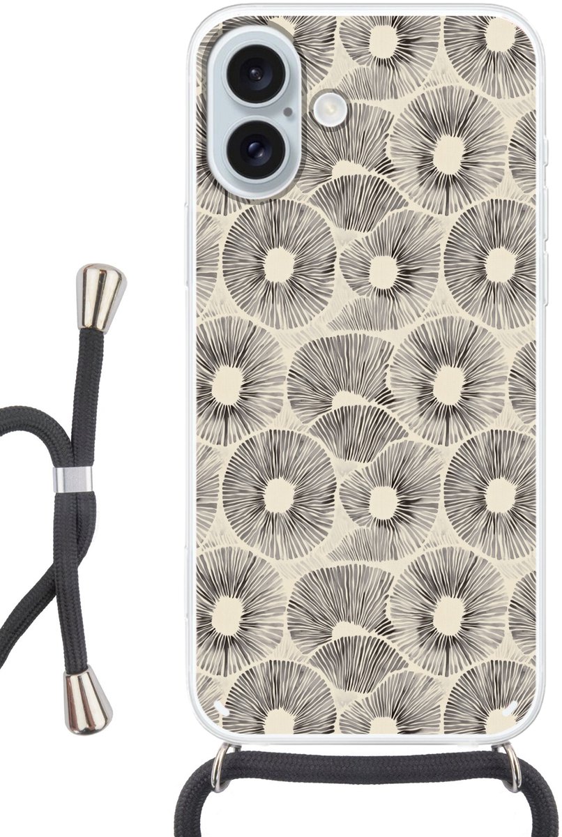 Telefoonhoesje Geschikt voor iPhone 16 Plus met koord - Cirkels - Patroon - Zwart - Siliconen - Crossbody - Backcover met Koord - Telefoonhoesje met koord - Hoesje met touw Telefoonhoesje
