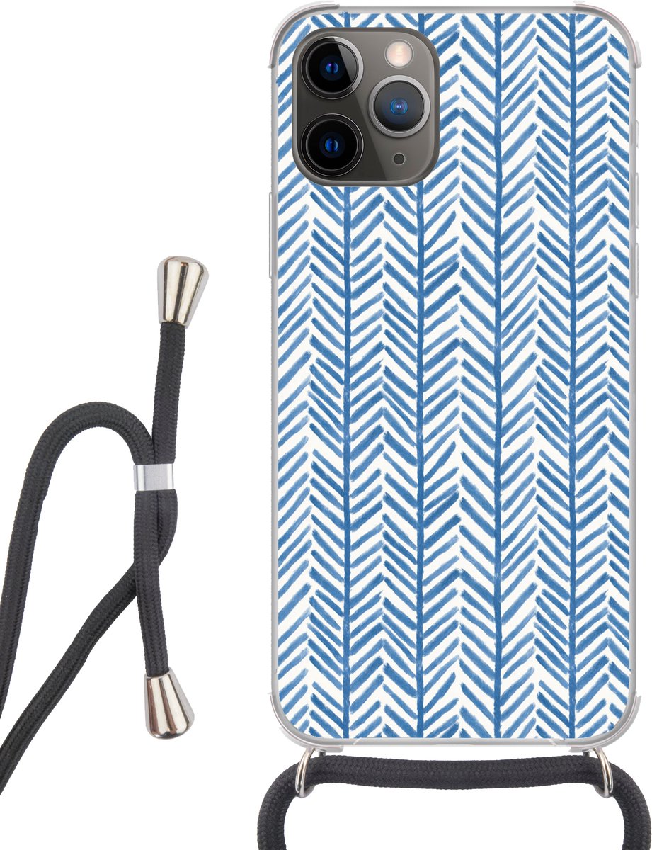 Telefoonhoesje Geschikt voor iPhone 13 Pro - Patroon - Streep - Blauw - Siliconen - Crossbody - Backcover met Koord - Telefoonhoesje met koord - Hoesje met touw Telefoonhoesje