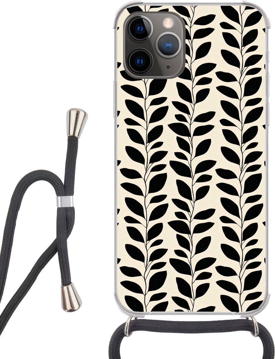 Telefoonhoesje Geschikt voor iPhone 13 Pro Max - Botanisch - Dessin - Zwart - Beige - Siliconen - Crossbody - Backcover met Koord - Telefoonhoesje met koord - Hoesje met touw Telefoonhoesje